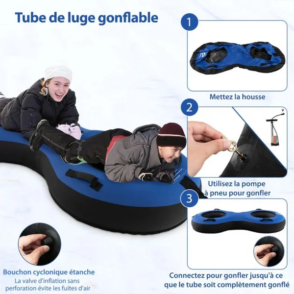 Luge Bouée Gonflable 2 Places de 200 cm Traîneau à Neige Robuste en Caoutchouc Sangle de Remorquage Siège Rembourré Pompe de Gonflage Rouge