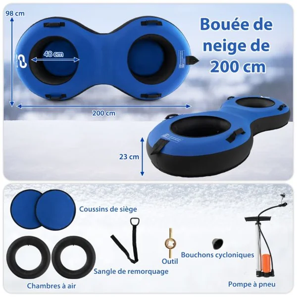 Luge Bouée Gonflable 2 Places de 200 cm Traîneau à Neige Robuste en Caoutchouc Sangle de Remorquage Siège Rembourré Pompe de Gonflage Rouge