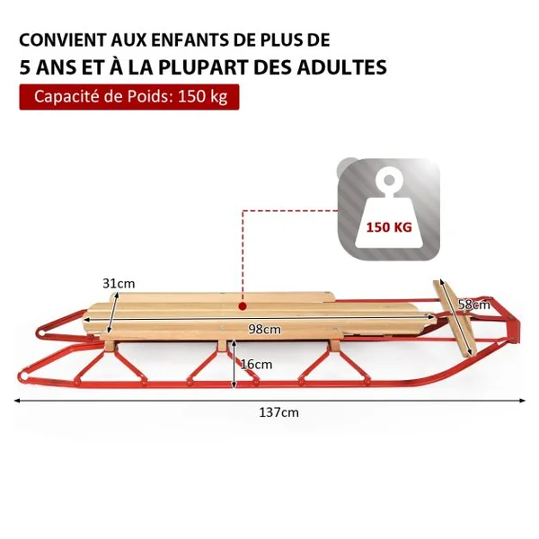Luge en Bois et Acier à Patins Charge 150KG 137 x 58 x 16 cm