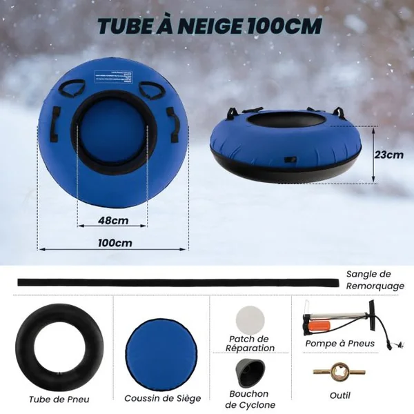 Luge à Neige de 100 Cm Robuste Bouée à Neige Gonflable Chambre à Air en Caoutchouc de Qualité Pompe de Gonflage pour Enfants Adultes Bleu