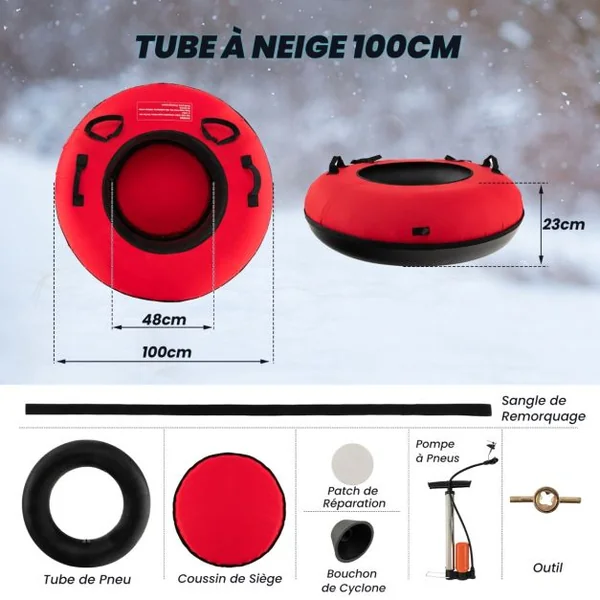 Luge à Neige de 100 Cm Robuste Bouée à Neige Gonflable Chambre à Air en Caoutchouc de Qualité Pompe de Gonflage pour Enfants Adultes Rouge