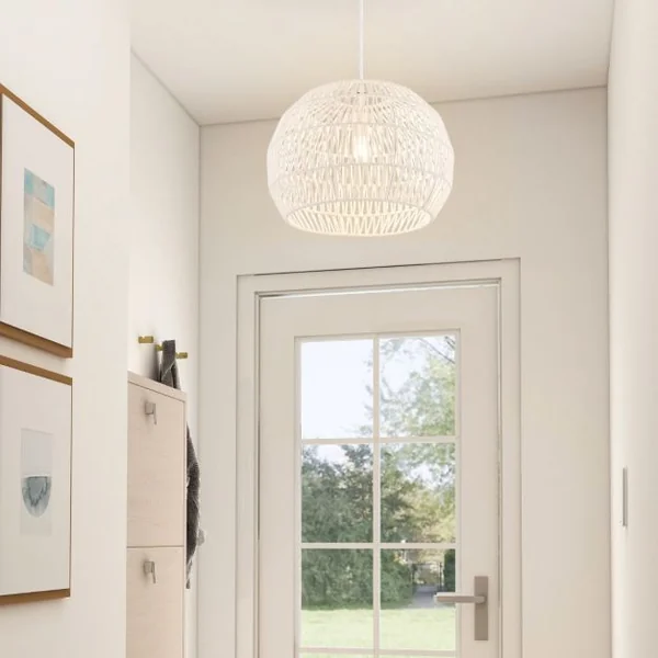 Luminaire Suspension Ø 43 x H 34cm Forme Rond en Papier Tissé Abat-jour Métalliques avec Corde Réglable E27 40W pour Cuisine