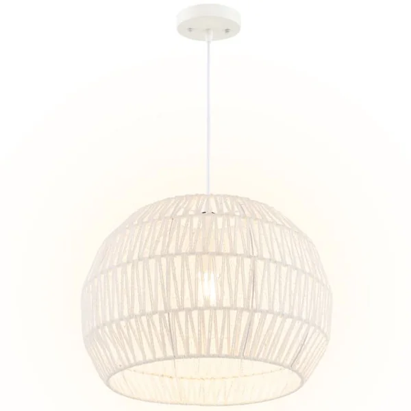 Luminaire Suspension Ø 43 x H 34cm Forme Rond en Papier Tissé Abat-jour Métalliques avec Corde Réglable E27 40W pour Cuisine