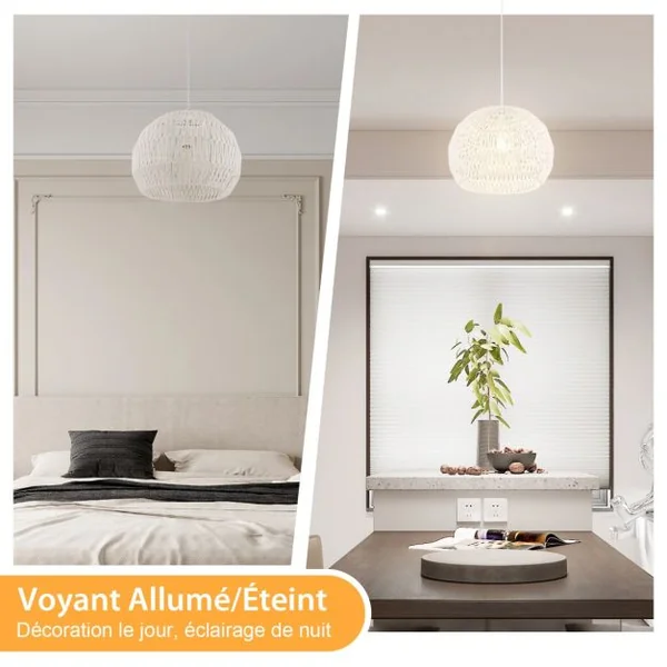 Luminaire Suspension Ø 43 x H 34cm Forme Rond en Papier Tissé Abat-jour Métalliques avec Corde Réglable E27 40W pour Cuisine