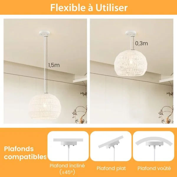 Luminaire Suspension Ø 43 x H 34cm Forme Rond en Papier Tissé Abat-jour Métalliques avec Corde Réglable E27 40W pour Cuisine