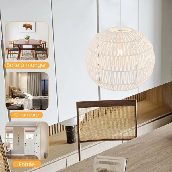 Luminaire Suspension Ø 43 x H 34cm Forme Rond en Papier Tissé Abat-jour Métalliques avec Corde Réglable E27 40W pour Cuisine