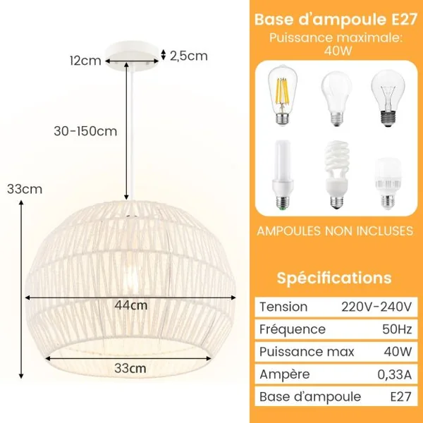 Luminaire Suspension Ø 43 x H 34cm Forme Rond en Papier Tissé Abat-jour Métalliques avec Corde Réglable E27 40W pour Cuisine