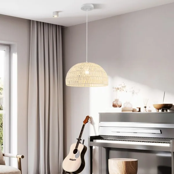 Luminaire Suspension Φ 45cm en Papier Tissé Forme de Dôme Abat-jour Métalliques avec Corde Réglable E27 40W pour Cuisine