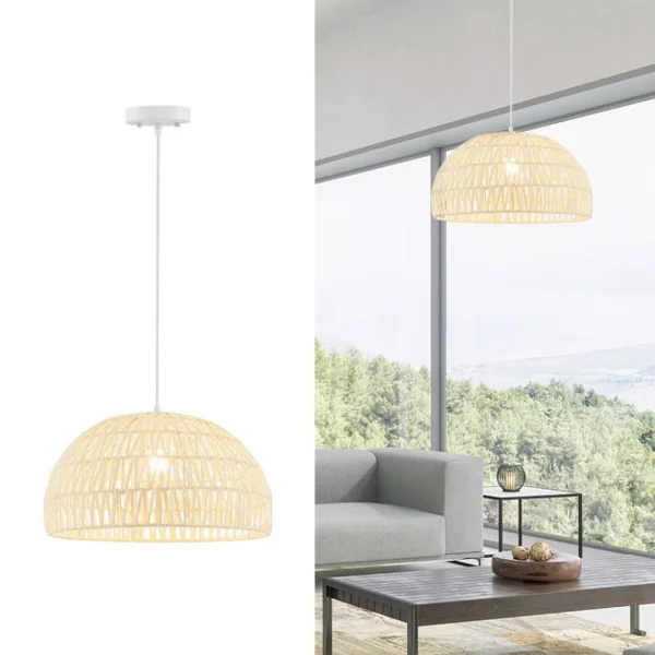 Luminaire Suspension Φ 45cm en Papier Tissé Forme de Dôme Abat-jour Métalliques avec Corde Réglable E27 40W pour Cuisine