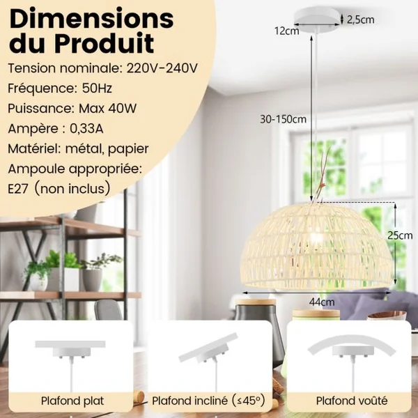 Luminaire Suspension Φ 45cm en Papier Tissé Forme de Dôme Abat-jour Métalliques avec Corde Réglable E27 40W pour Cuisine