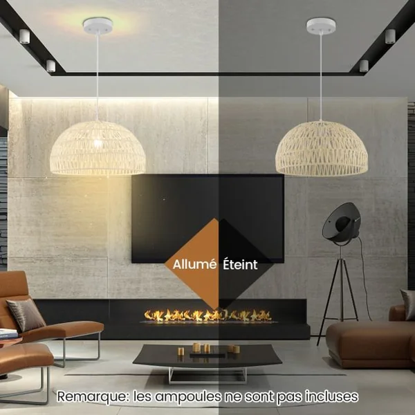 Luminaire Suspension Φ 45cm en Papier Tissé Forme de Dôme Abat-jour Métalliques avec Corde Réglable E27 40W pour Cuisine