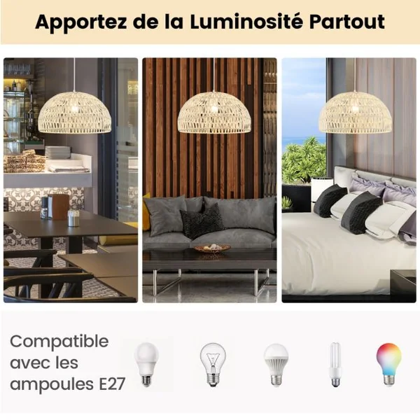 Luminaire Suspension Φ 45cm en Papier Tissé Forme de Dôme Abat-jour Métalliques avec Corde Réglable E27 40W pour Cuisine