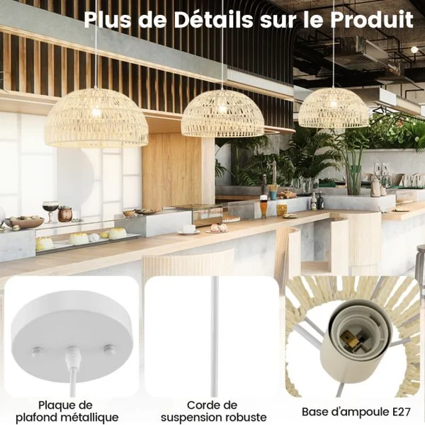 Luminaire Suspension Φ 45cm en Papier Tissé Forme de Dôme Abat-jour Métalliques avec Corde Réglable E27 40W pour Cuisine