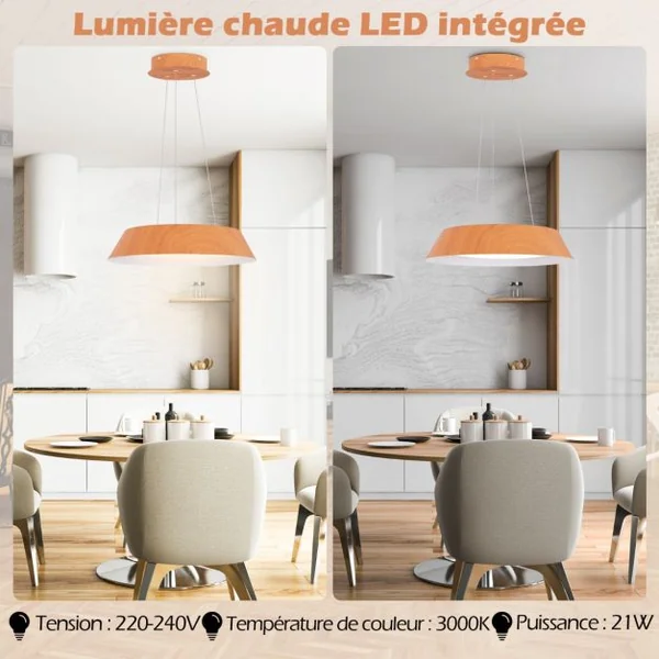 Lustre à Éclairage LED de 40 Cm Luminaire Moderne 21 W Lustre avec Grain de Bois Cadre en Métal Lumière Chaude 3000 K Luminaire Suspendu Naturel