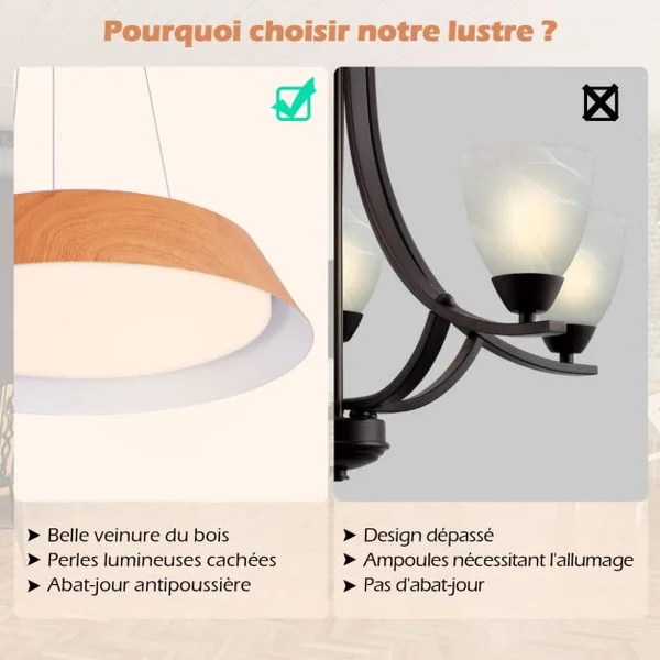 Lustre à Éclairage LED de 40 Cm Luminaire Moderne 21 W Lustre avec Grain de Bois Cadre en Métal Lumière Chaude 3000 K Luminaire Suspendu Naturel