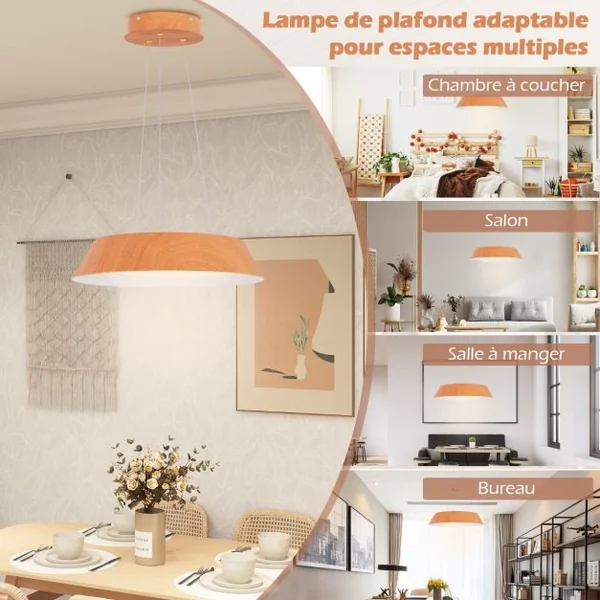Lustre à Éclairage LED de 40 Cm Luminaire Moderne 21 W Lustre avec Grain de Bois Cadre en Métal Lumière Chaude 3000 K Luminaire Suspendu Naturel