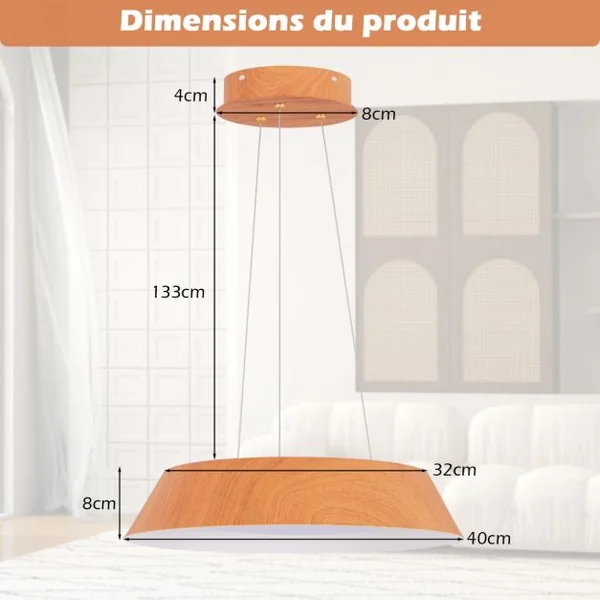 Lustre à Éclairage LED de 40 Cm Luminaire Moderne 21 W Lustre avec Grain de Bois Cadre en Métal Lumière Chaude 3000 K Luminaire Suspendu Naturel