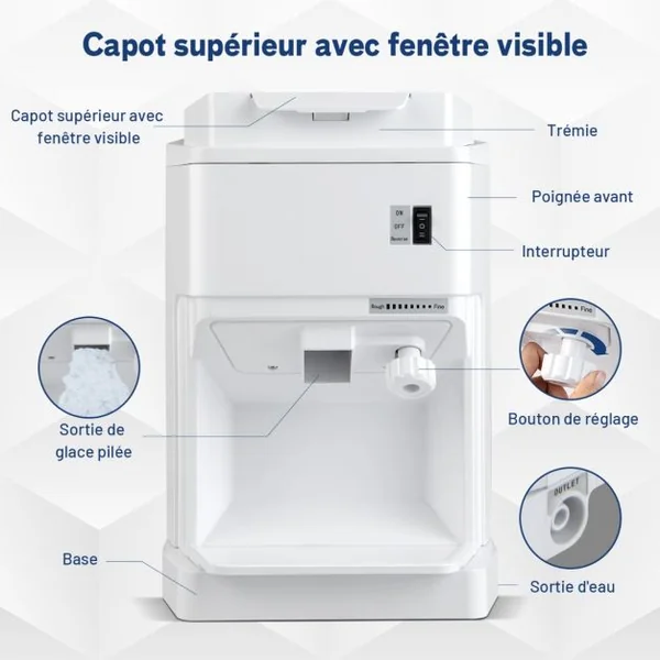 Machine à Glace Pilée 350W 120KG/H Capacité de Stockage 2,3 kg Taille Réglable Lames Tranchantes Vitesse 320 tr/min avec Bac Blanc