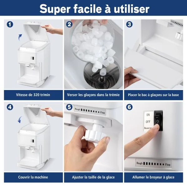 Machine à Glace Pilée 350W 120KG/H Capacité de Stockage 2,3 kg Taille Réglable Lames Tranchantes Vitesse 320 tr/min avec Bac Blanc