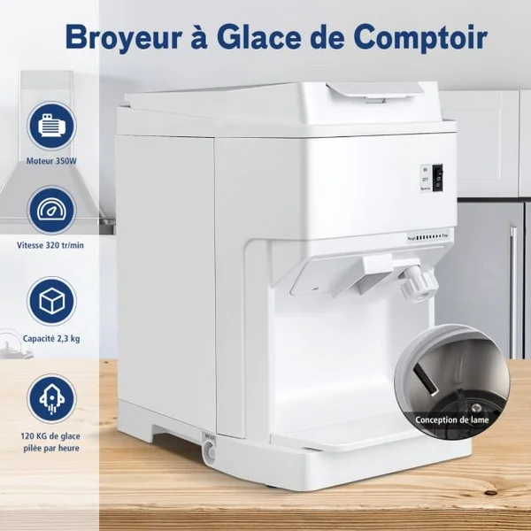 Machine à Glace Pilée 350W 120KG/H Capacité de Stockage 2,3 kg Taille Réglable Lames Tranchantes Vitesse 320 tr/min avec Bac Blanc