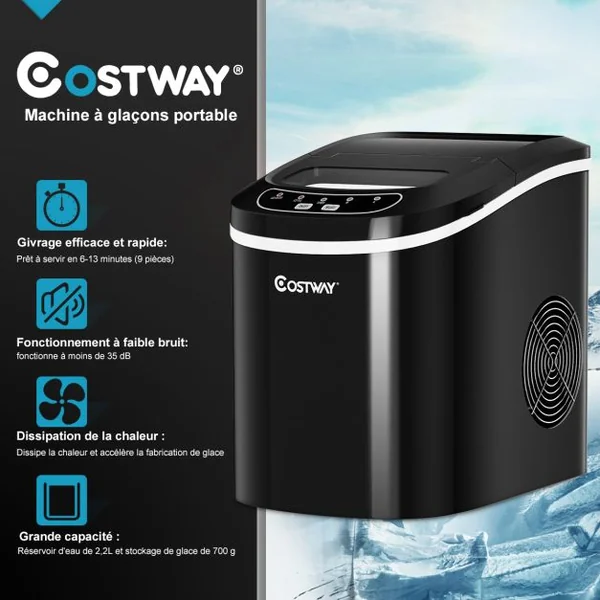 Machine à Glaçons 12kg de Glace/24h Réservoir 2,2L avec 2 Tailles de Glace 9 Glaçons par 6-13 Min pour Maison Noir