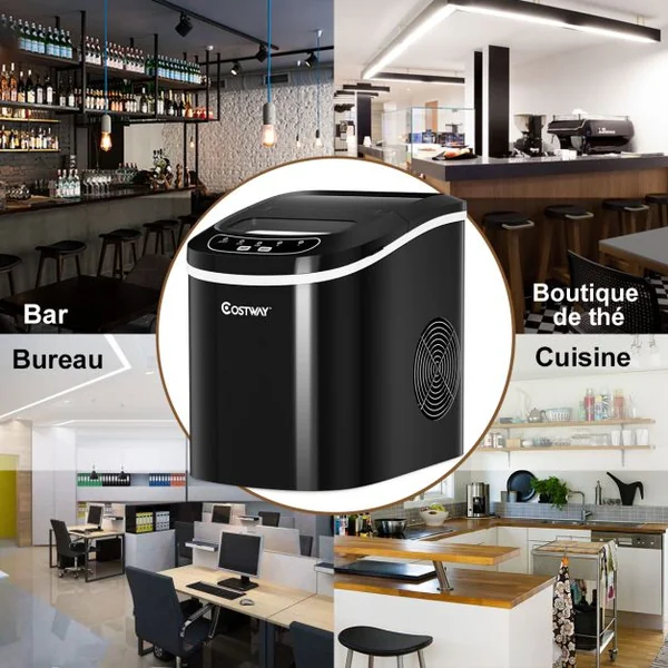 Machine à Glaçons 12kg de Glace/24h Réservoir 2,2L avec 2 Tailles de Glace 9 Glaçons par 6-13 Min pour Maison Noir