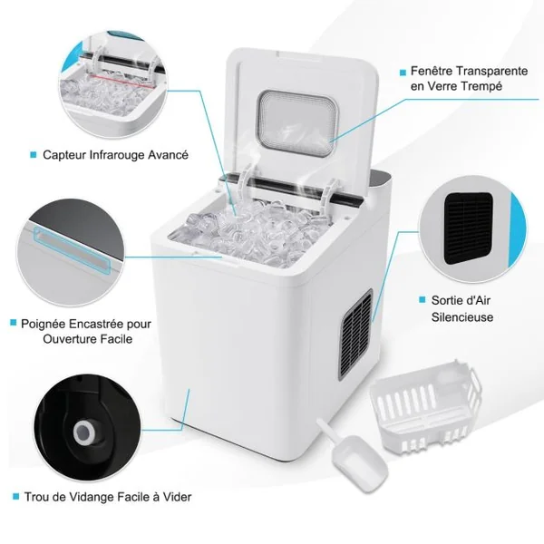 Machine à Glaçons 9 Glaçons 15 kg/Jour Cycle 6 Minutes Nettoyage Automatique Commande Tactile Couvercle en Verre 1,5 L Blanc