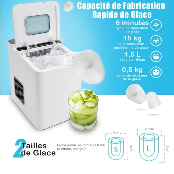 Machine à Glaçons 9 Glaçons 15 kg/Jour Cycle 6 Minutes Nettoyage Automatique Commande Tactile Couvercle en Verre 1,5 L Blanc