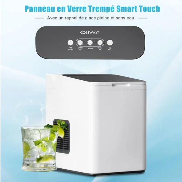 Machine à Glaçons 9 Glaçons 15 kg/Jour Cycle 6 Minutes Nettoyage Automatique Commande Tactile Couvercle en Verre 1,5 L Blanc