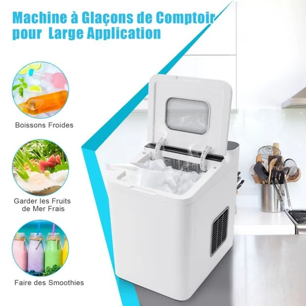 Machine à Glaçons 9 Glaçons 15 kg/Jour Cycle 6 Minutes Nettoyage Automatique Commande Tactile Couvercle en Verre 1,5 L Blanc