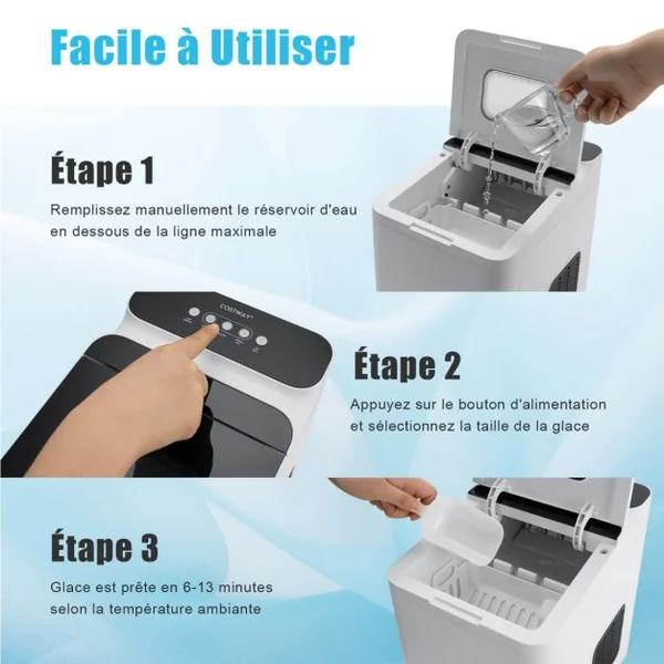 Machine à Glaçons 9 Glaçons 15 kg/Jour Cycle 6 Minutes Nettoyage Automatique Commande Tactile Couvercle en Verre 1,5 L Blanc