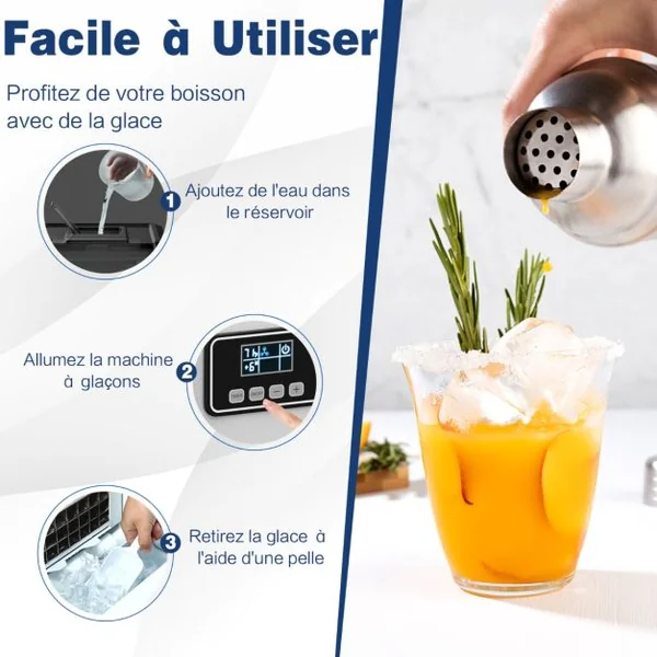 Machine à Glaçons Automatique 22kg/24h Acier Inoxydable Cuillère à Glace Fonction d'Auto-Nettoyage Écran Lcd Fonction Minuterie Pour Cuisine Argent