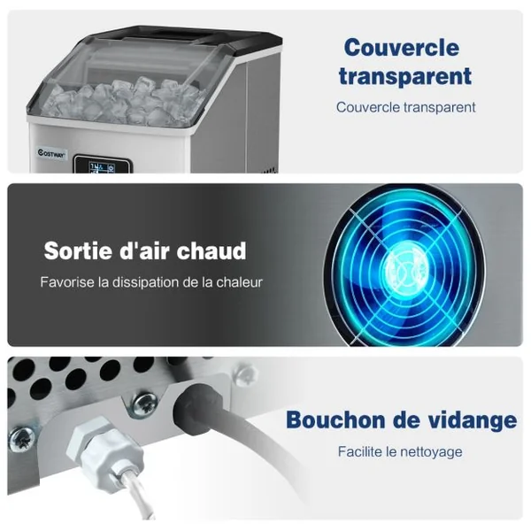 Machine à Glaçons Automatique 22kg/24h Acier Inoxydable Cuillère à Glace Fonction d'Auto-Nettoyage Écran Lcd Fonction Minuterie Pour Cuisine Argent