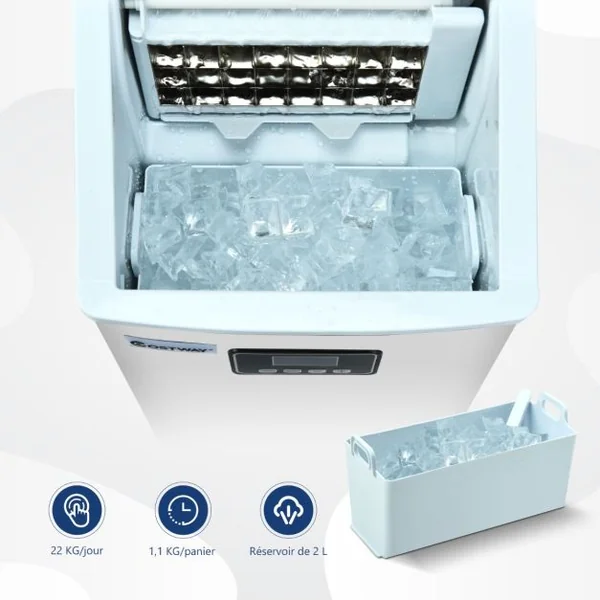 Machine à Glaçons Automatique 22kg/24h Acier Inoxydable Cuillère à Glace Fonction d'Auto-Nettoyage Écran Lcd Fonction Minuterie Pour Cuisine Argent