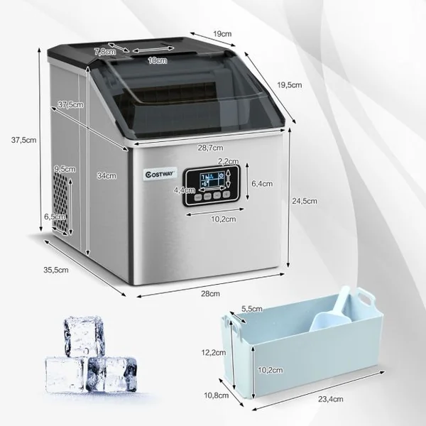 Machine à Glaçons Automatique 22kg/24h Acier Inoxydable Cuillère à Glace Fonction d'Auto-Nettoyage Écran Lcd Fonction Minuterie Pour Cuisine Argent