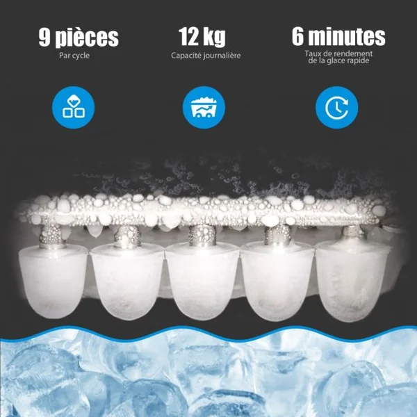Machine à Glaçons Portable 12KG/24H 9 glaçons par 6-13 Min avec Réservoir 2,2 L et Bac à Glace de 0,7 kg Bleu