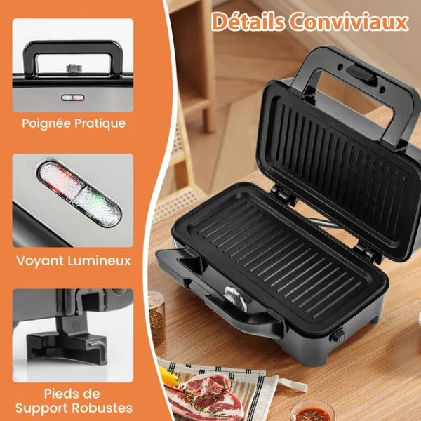 Machine à Sandwich Presse Electrique Plaques Antiadhésives Machine à Petit-déjeuner 1200W Contrôle de Température à 5 Positions Noir