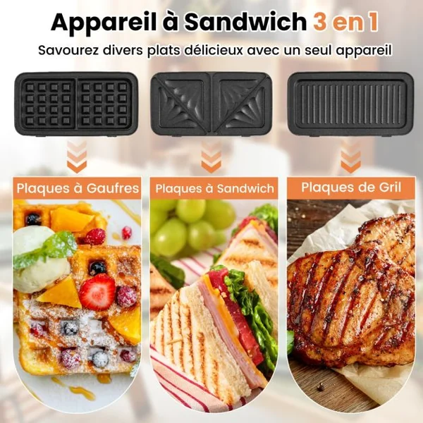 Machine à Sandwich Presse Electrique Plaques Antiadhésives Machine à Petit-déjeuner 1200W Contrôle de Température à 5 Positions Noir