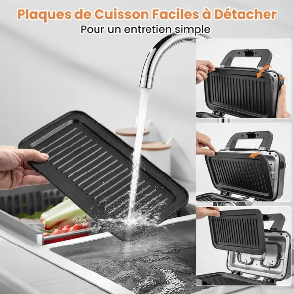 Machine à Sandwich Presse Electrique Plaques Antiadhésives Machine à Petit-déjeuner 1200W Contrôle de Température à 5 Positions Noir