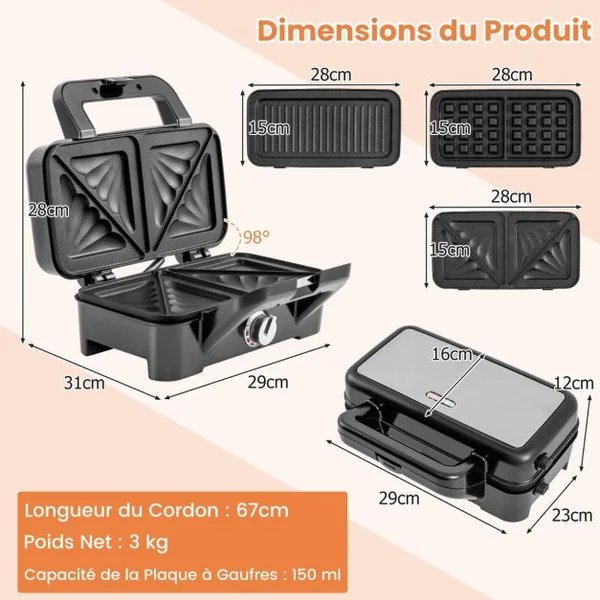 Machine à Sandwich Presse Electrique Plaques Antiadhésives Machine à Petit-déjeuner 1200W Contrôle de Température à 5 Positions Noir