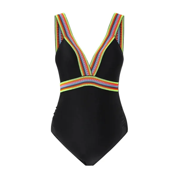Maillot de Bain 1 Piece Grossesse Noir à Bandes Colorés