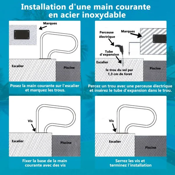 Main Courante de Piscine en Acier INOX Rampe d'Escalier de Piscine avec Plaque de Base pour Spa Stade Parc Aquatique