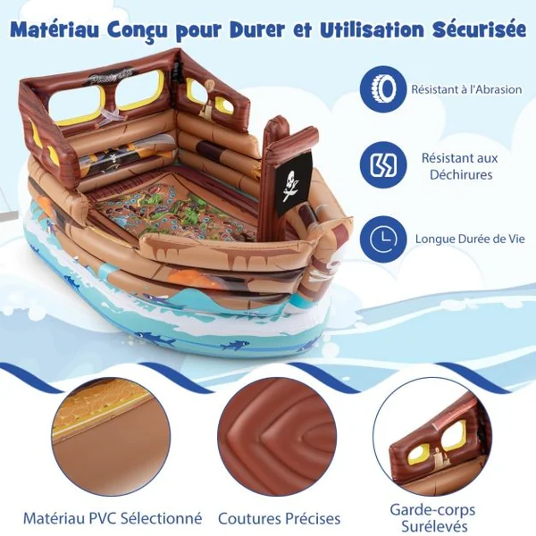 Maison de Jeu Gonflable en Bateau Pirate Bateau Gonflable avec Moteur Intégré Épée Gonflable et Chapeau de Pirate pour 3+ Ans