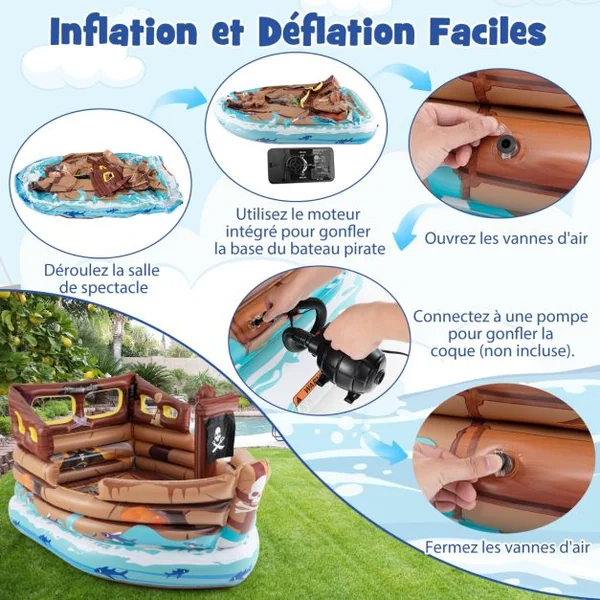 Maison de Jeu Gonflable en Bateau Pirate Bateau Gonflable avec Moteur Intégré Épée Gonflable et Chapeau de Pirate pour 3+ Ans