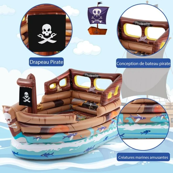 Maison de Jeu Gonflable en Bateau Pirate Bateau Gonflable avec Moteur Intégré Épée Gonflable et Chapeau de Pirate pour 3+ Ans