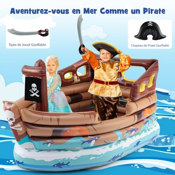 Maison de Jeu Gonflable en Bateau Pirate Bateau Gonflable avec Moteur Intégré Épée Gonflable et Chapeau de Pirate pour 3+ Ans