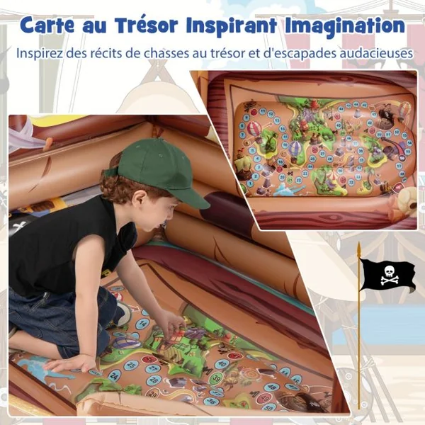 Maison de Jeu Gonflable en Bateau Pirate Bateau Gonflable avec Moteur Intégré Épée Gonflable et Chapeau de Pirate pour 3+ Ans