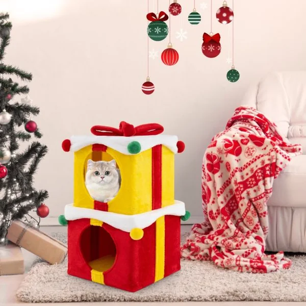Maison de Noël pour Chat à 2 Etages 2 Condos Empilables en Forme de Paquets Cadeaux avec Nœud en Tissu Peluche et Bois d'Ingénierie
