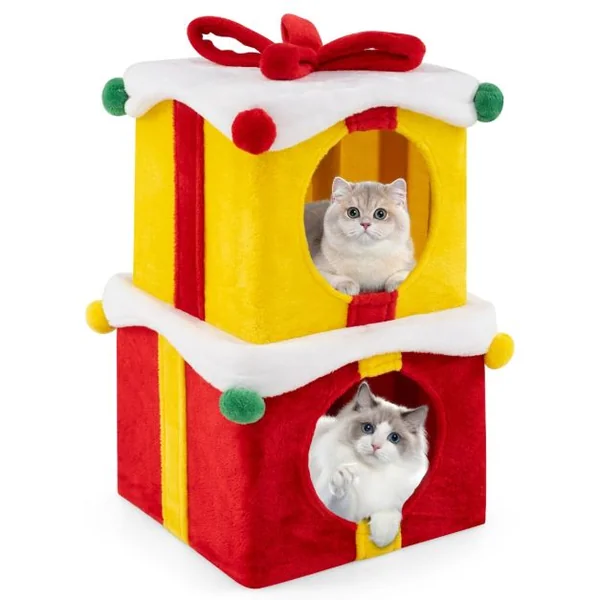 Maison de Noël pour Chat à 2 Etages 2 Condos Empilables en Forme de Paquets Cadeaux avec Nœud en Tissu Peluche et Bois d'Ingénierie