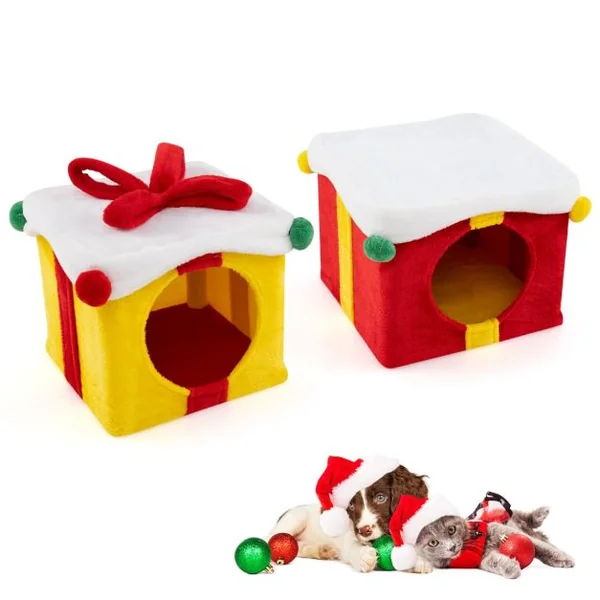 Maison de Noël pour Chat à 2 Etages 2 Condos Empilables en Forme de Paquets Cadeaux avec Nœud en Tissu Peluche et Bois d'Ingénierie